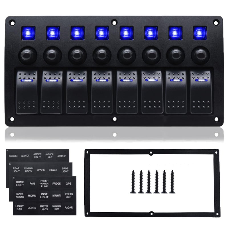 Geloo 8 Gang Marine Switch Panel, Boat Rocker Switch Panel Waterproof, 12V Aluminum Switch Panel, Marine Toggle Switches ON/Off with Circuit Breaker 5A 10A 15A for Car RV Truck (Blue) - Image 1